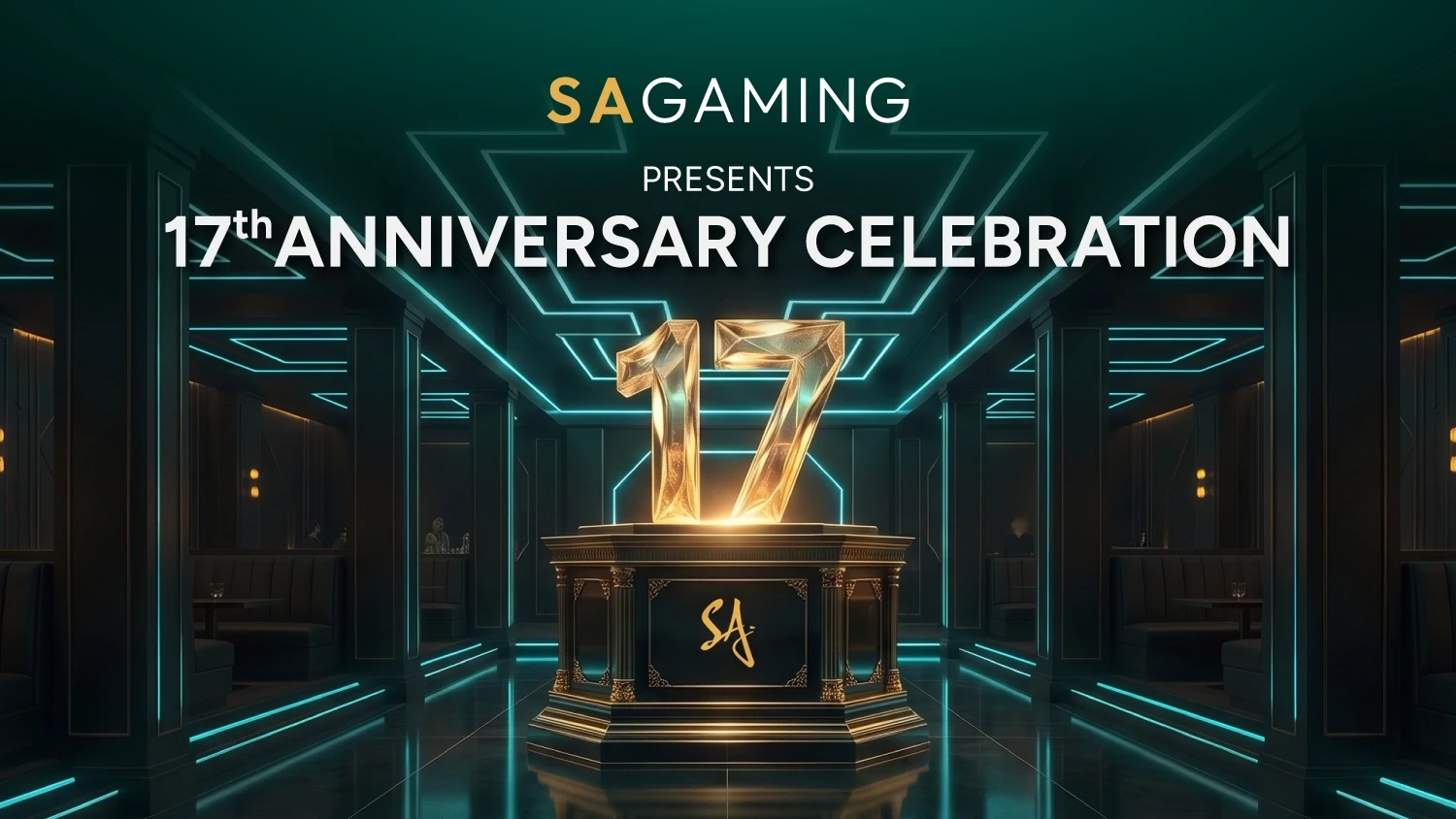 SA Gaming 17th Anniversary graphic featuring a golden number 17 in a futuristic dark hall with neon cyan lit architecture.